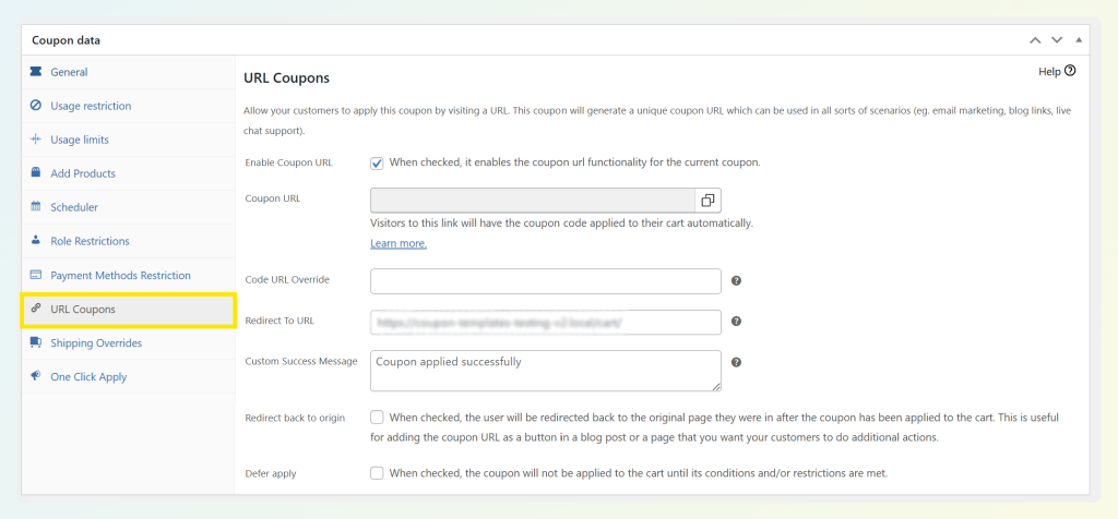 Advanced Coupons URL Coupons settings with Enable Coupon URL checked and coupon URL fields visible