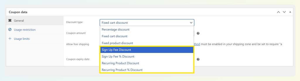 Coupon discount type dropdown showing sign-up fee and recurring product discount options in WooCommerce Subscriptions