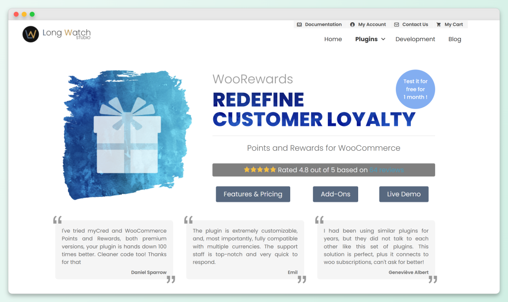 WooRewards plugin page showing points and rewards for WooCommerce