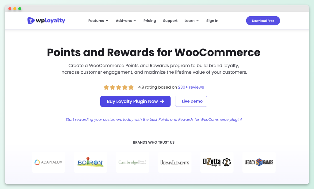 WPLoyalty landing page for WooCommerce points and rewards plugin