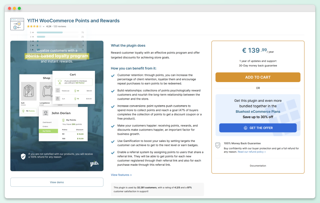 YITH WooCommerce Points and Rewards plugin page with features and annual pricing