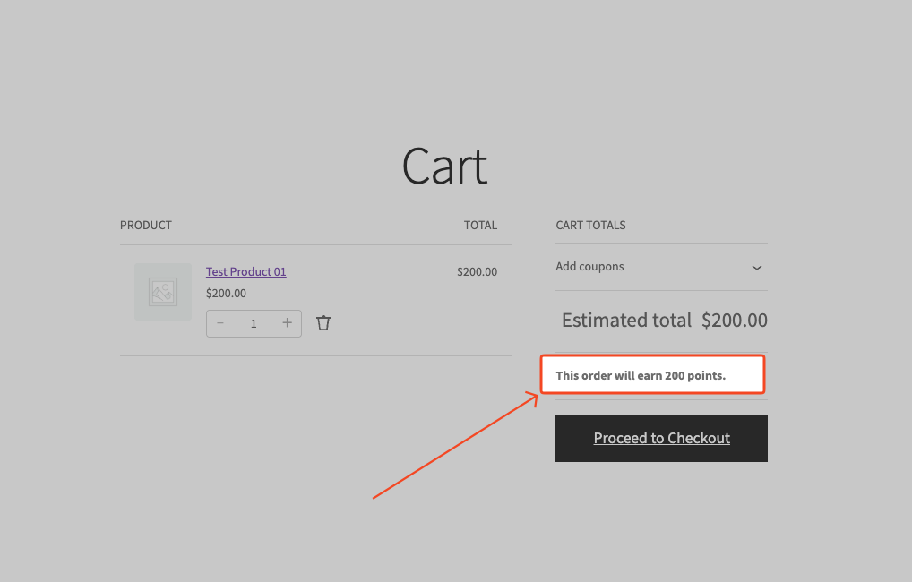 Cart page showing loyalty points earn notice above totals
