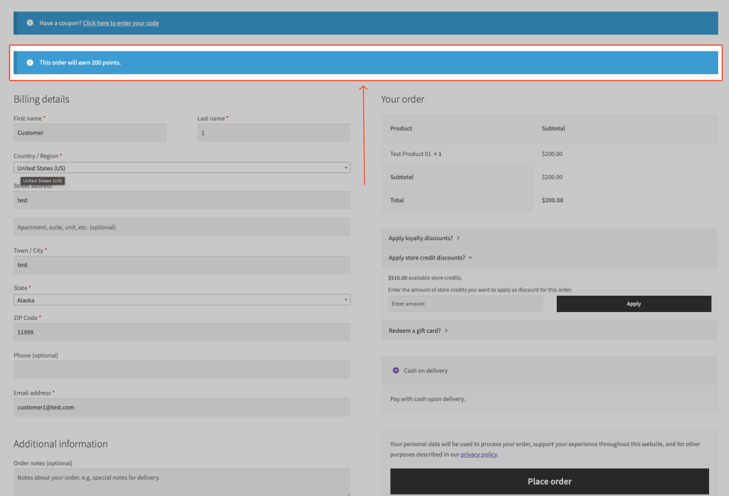Checkout order review showing loyalty points earn notice