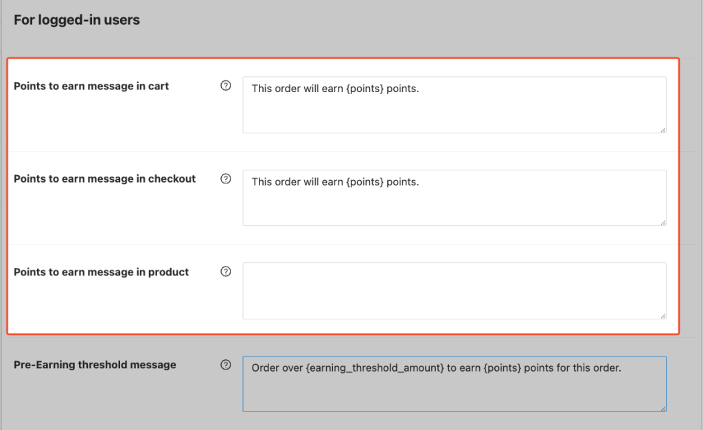 For logged-in users — three points message text areas