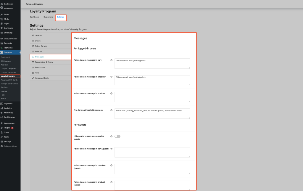 Loyalty Program Settings tab with Messages section selected in the sidebar
