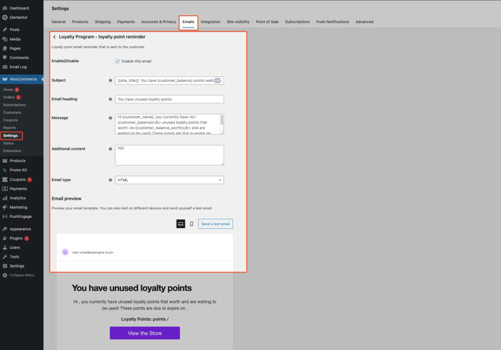 WooCommerce Settings Emails screen with the Loyalty Program earned points notification row expanded