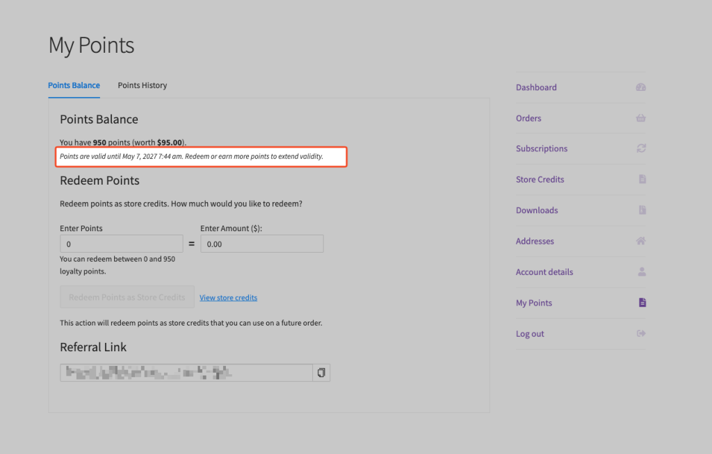 My Points page showing the points expiry message with a resolved date