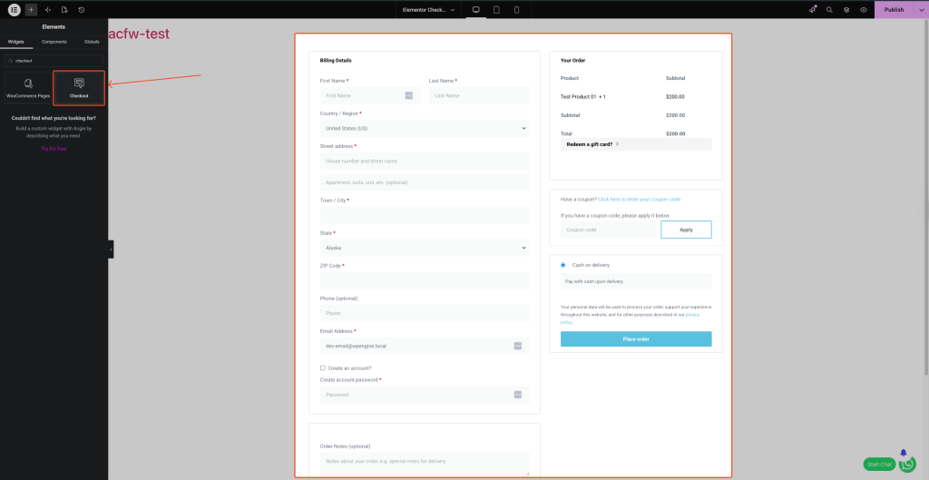 Place Elementor Pro’s Checkout widget on the page.