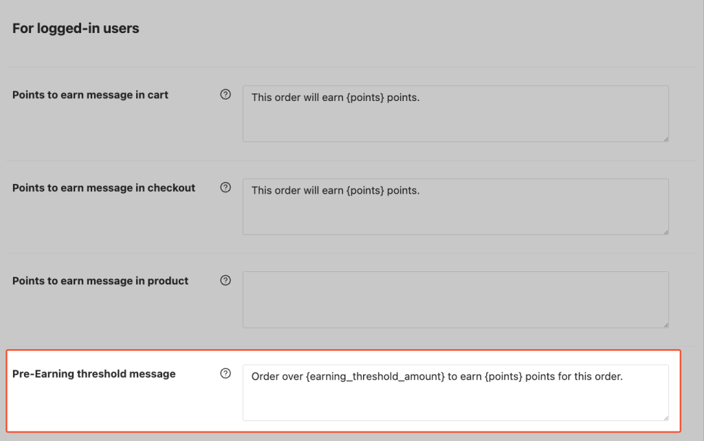 Pre-Earning threshold message field with both placeholders visible