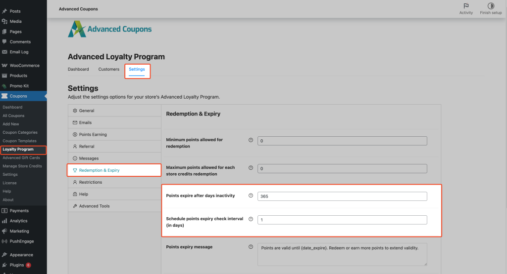 Redemption & Expiry settings panel with Points expire after days inactivity and Schedule points expiry check interval filled in