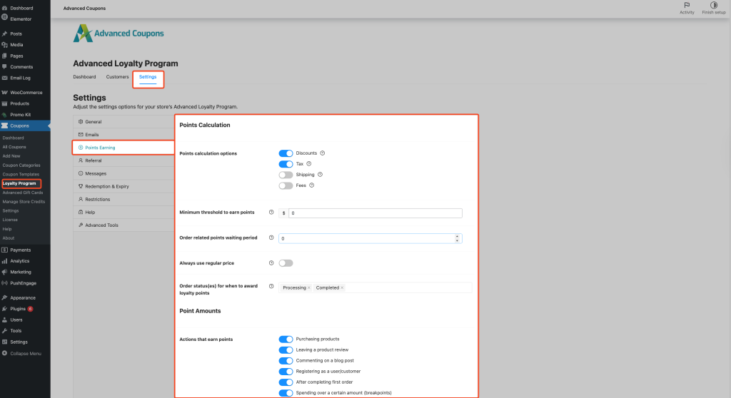 How to open Points Earning settings