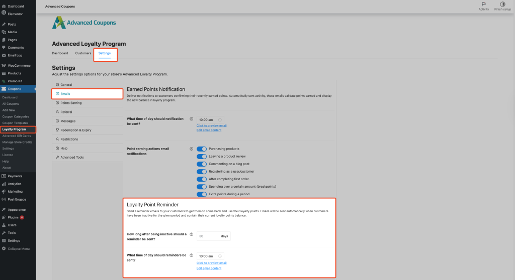 Emails section in Loyalty Program Settings showing the Loyalty Point Reminder timing fields