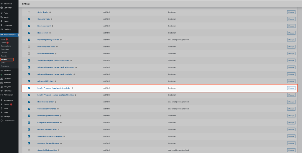 WooCommerce Emails list with Loyalty Program - loyalty point reminder highlighted