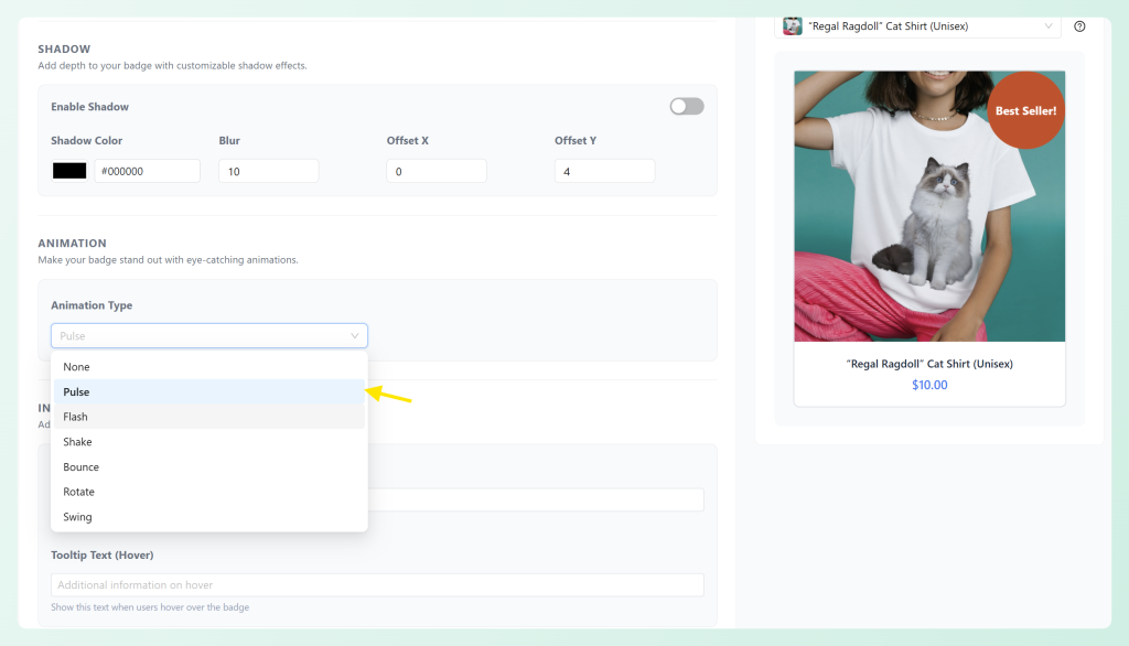 Advanced Promo Kit animation dropdown showing badge animation options