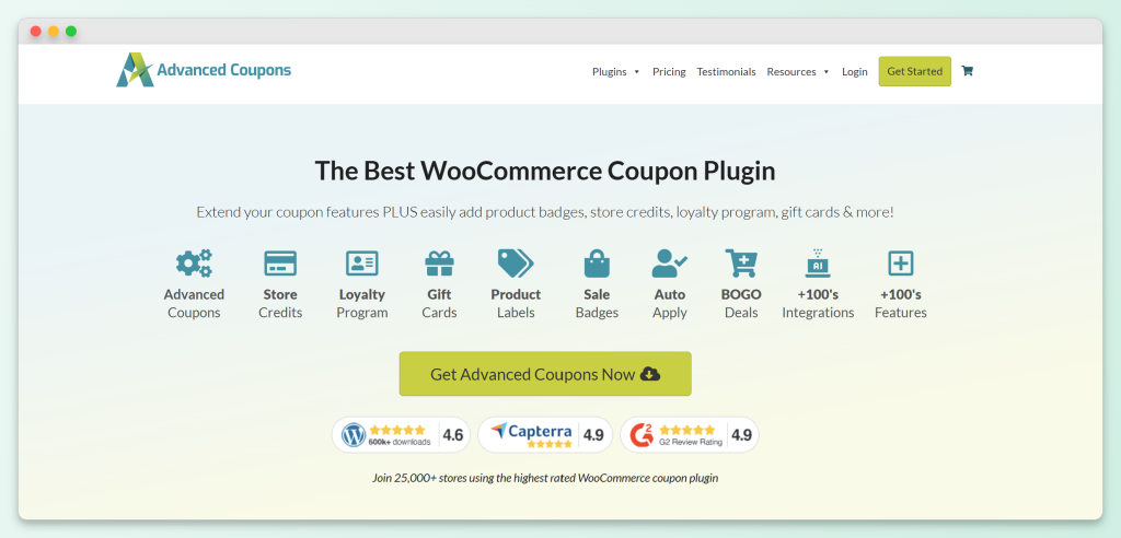 Advanced Coupons homepage showing WooCommerce coupon plugin features