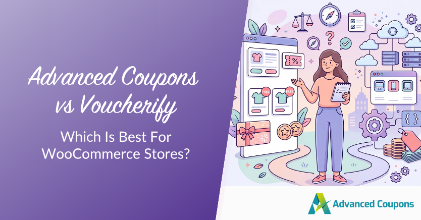 Comparison banner: 'Advanced Coupons vs Voucherify' with subtitle 'Which Is Best For WooCommerce Stores?' and a cartoon woman presenting coupon UI on the right beside the Advanced Coupons logo.