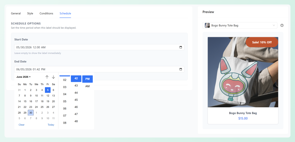 Advanced Promo Kit schedule settings for a timed product badge