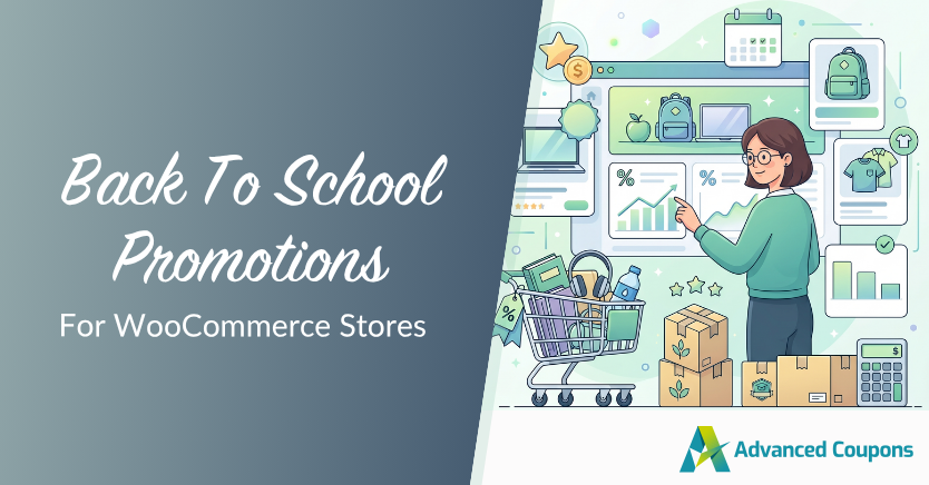 Back-to-school promotions banner for WooCommerce stores; illustration of a woman analyzing charts beside a shopping cart and packages, with the Advanced Coupons logo.
