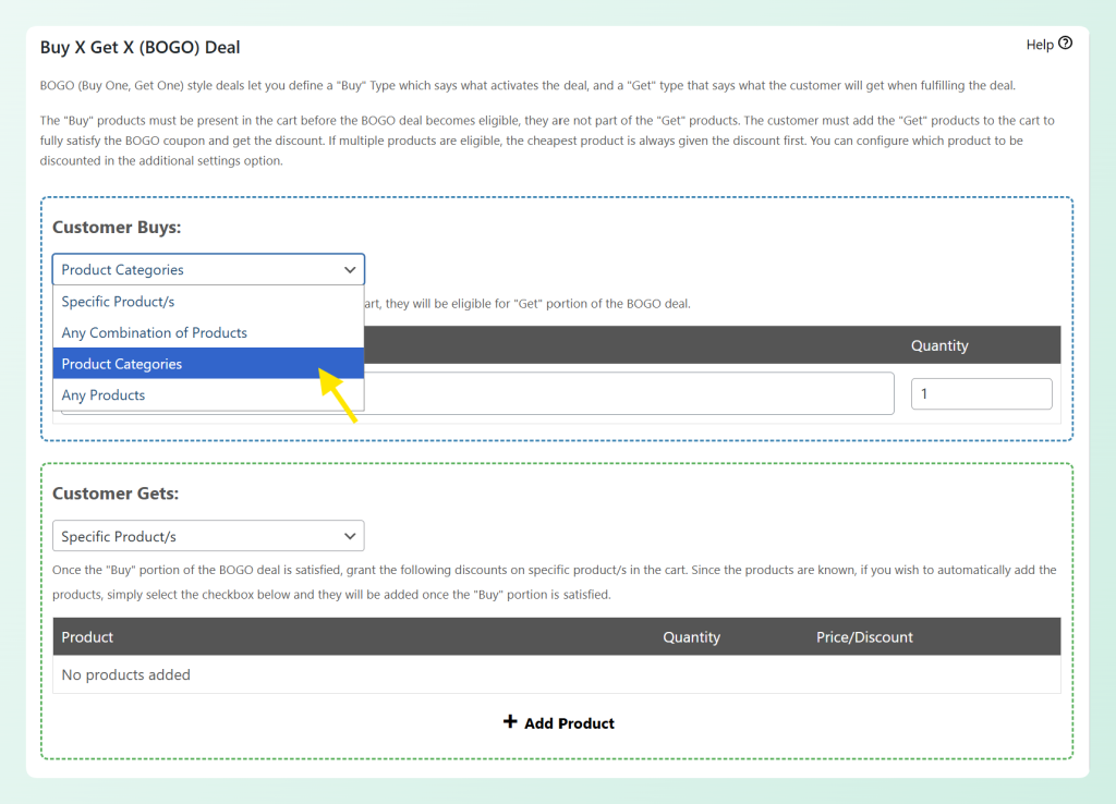 Advanced Coupons BOGO deal settings with Product Categories selected for Customer Buys