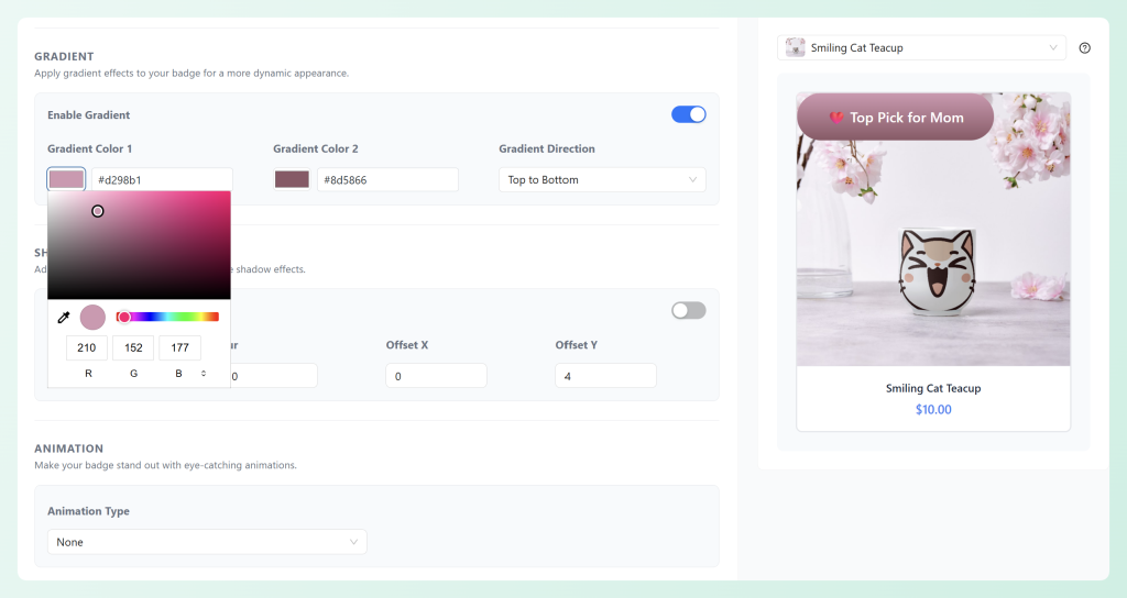 Advanced Promo Kit gradient color settings for a product badge