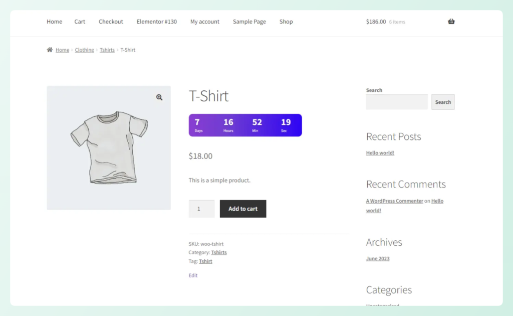 AsanaPlugins countdown timer displayed on a WooCommerce product page