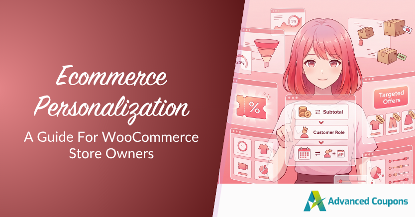 Banner promoting 'Ecommerce Personalization: A Guide For WooCommerce Store Owners' with a pink gradient left and pink illustration on the right, plus the Advanced Coupons logo.