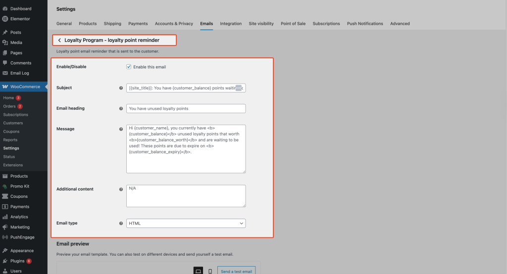email edit screen (Enable, Subject, Message fields)