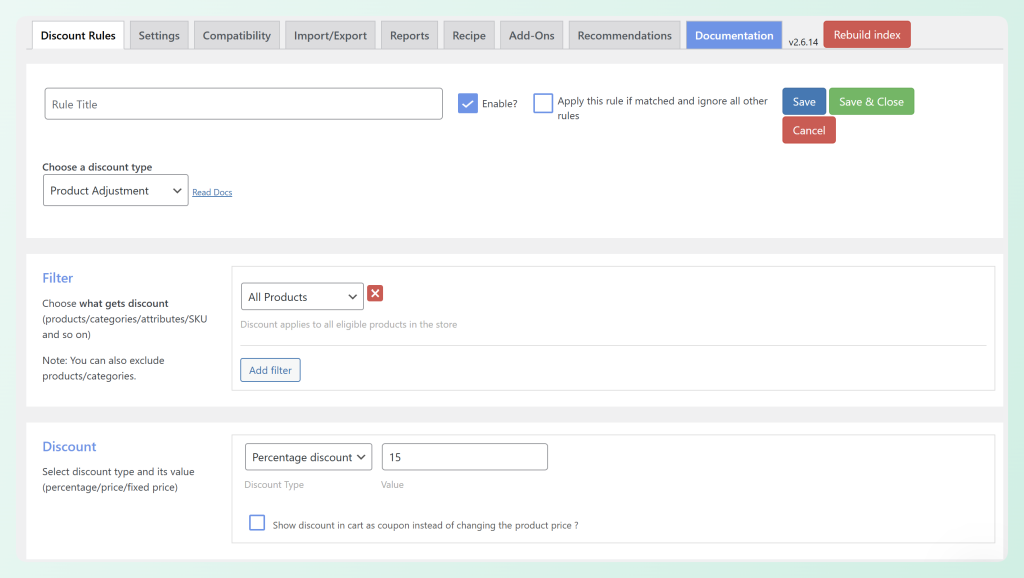 Flycart Discount Rules interface showing a percentage discount setup 