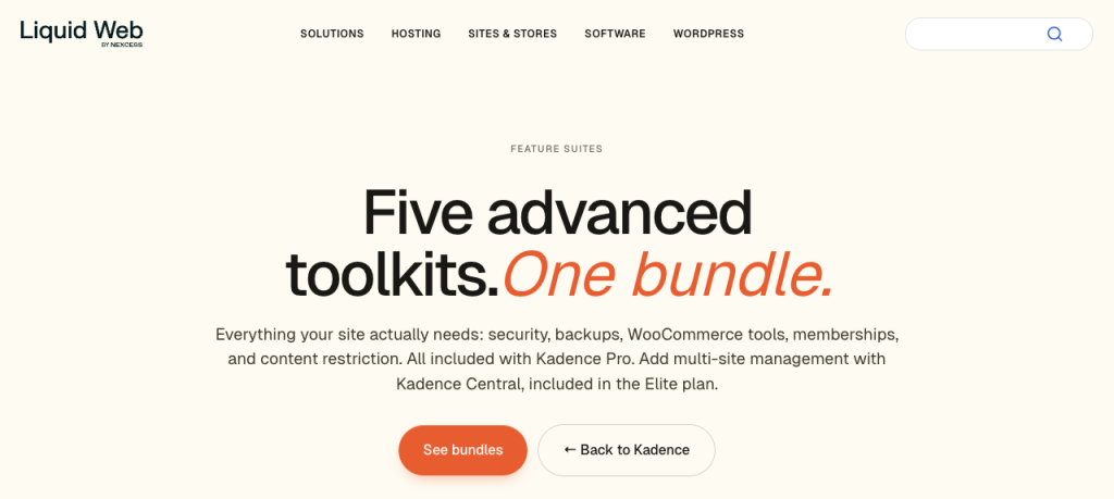 Hero section announcing 'Five advanced toolkits. One bundle.' with description and two CTAs: 'See bundles' and 'Back to Kadence' on a light beige page.