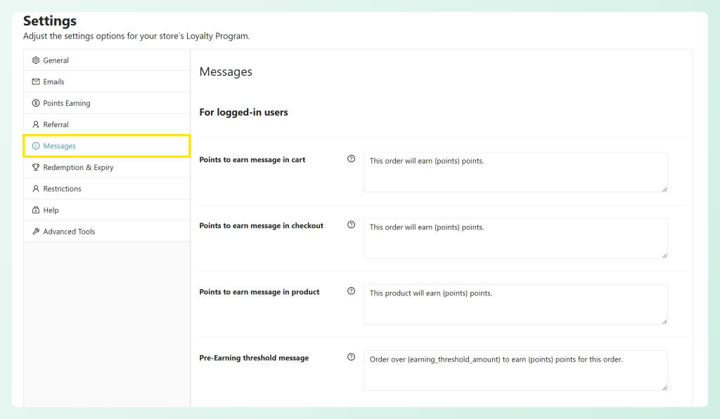 Advanced Loyalty Program messages settings for logged-in users