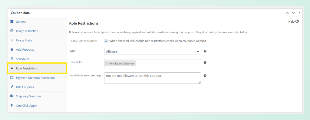 Advanced Coupons role restrictions settings with Wholesale Customer selected