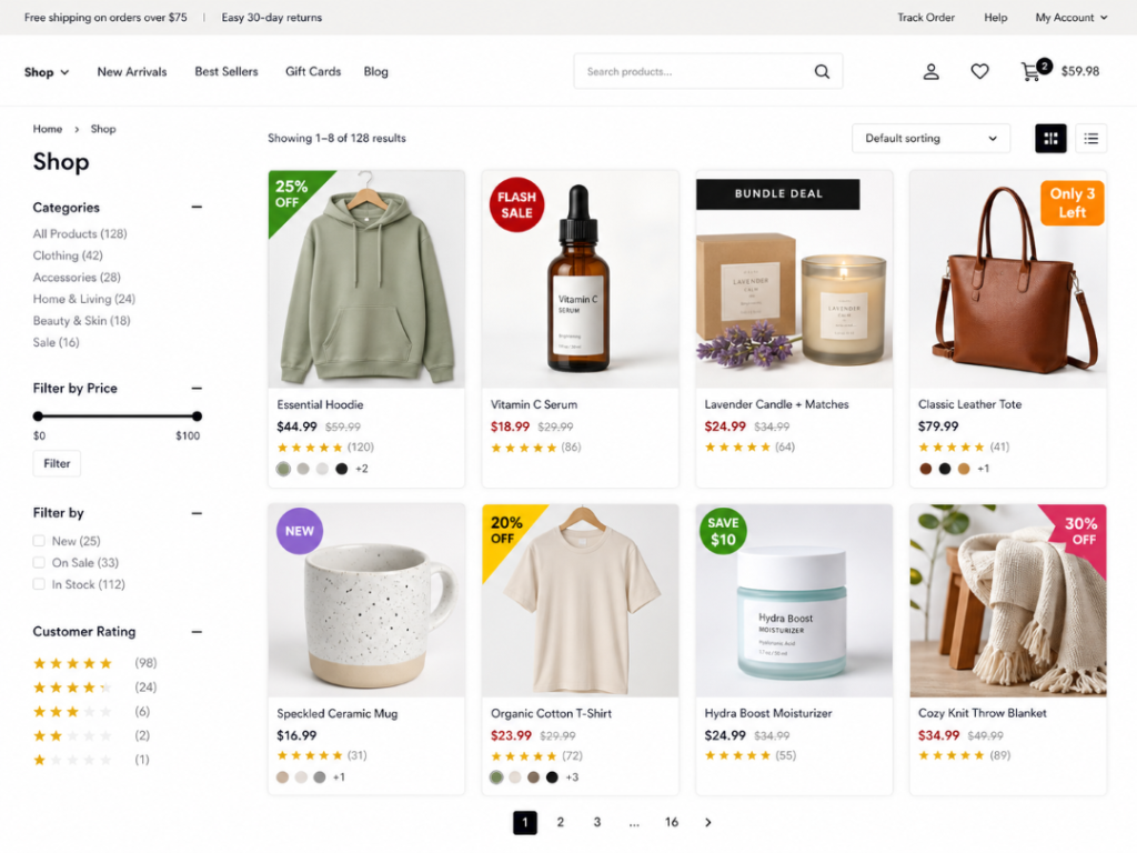 WooCommerce-style shop page with multiple sale badge designs