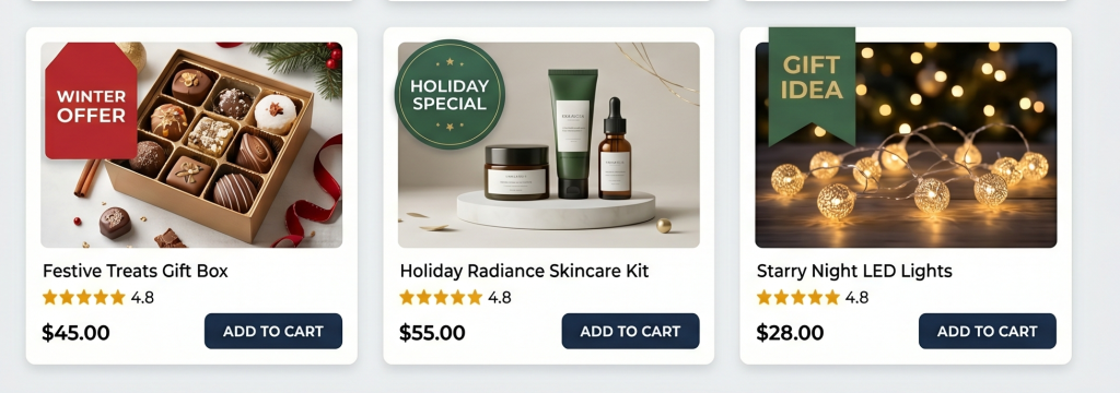 Holiday product cards with seasonal sale badges