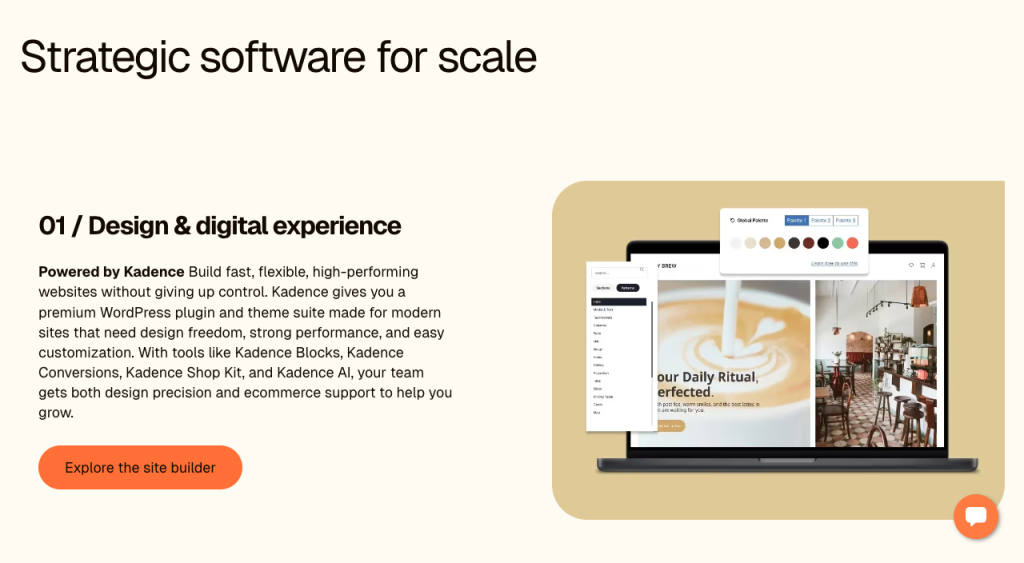 Hero section with the title ‘Strategic software for scale’ and a right-side laptop illustration showing a design interface on a beige rounded background.