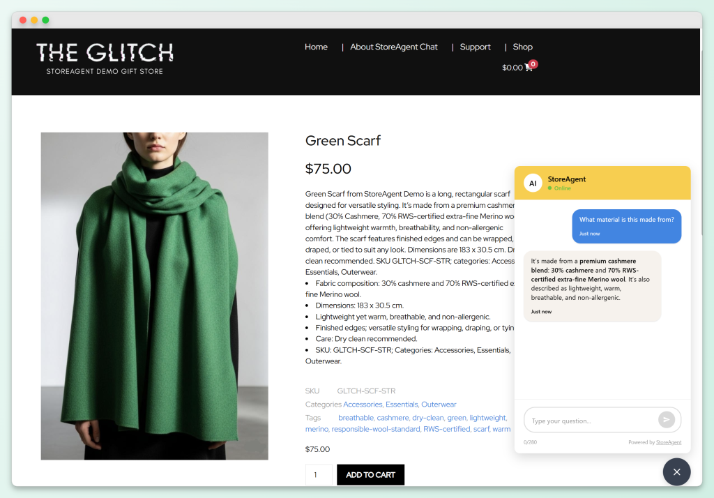 StoreAgent chat answering a product question on a WooCommerce product page