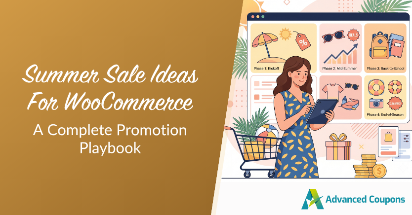 Gradient panel with the title 'Summer Sale Ideas For WooCommerce' beside an illustration of a woman with a tablet and a promo dashboard, Advanced Coupons branding.