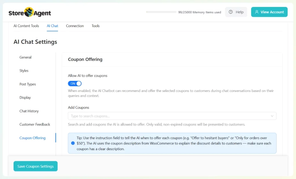 StoreAgent AI Chat settings showing the coupon offering toggle and coupon selection field