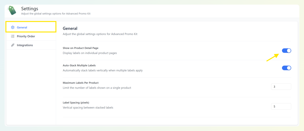 Advanced Promo Kit settings showing the Show on Product Detail Page toggle