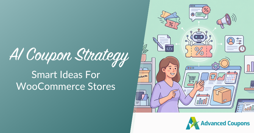 Banner promoting AI Coupon Strategy for WooCommerce stores; illustration of a woman at a large dashboard with AI and coupon icons, Advanced Coupons logo.