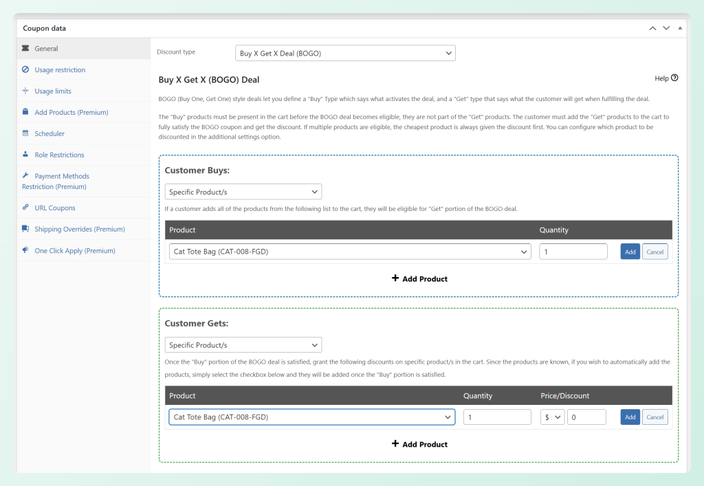 Advanced Coupons BOGO deal settings showing Customer Buys and Customer Gets product fields