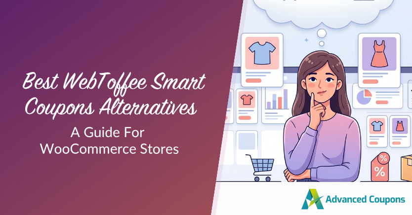 Banner promoting 'Best WebToffee Smart Coupons Alternatives — A Guide For WooCommerce Stores' with a thinking woman among product cards and the Advanced Coupons logo.