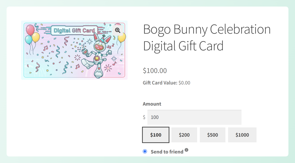 Custom amount gift card product page with amount field and preset buttons