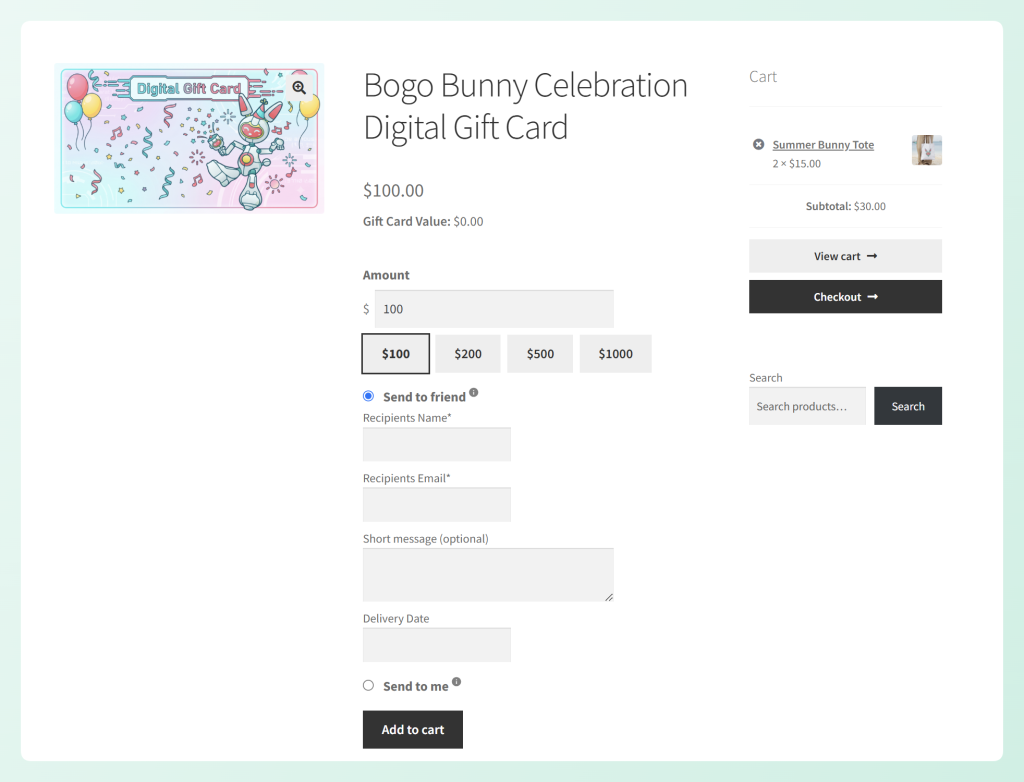 Custom amount gift card product page with send-to-friend fields and delivery date