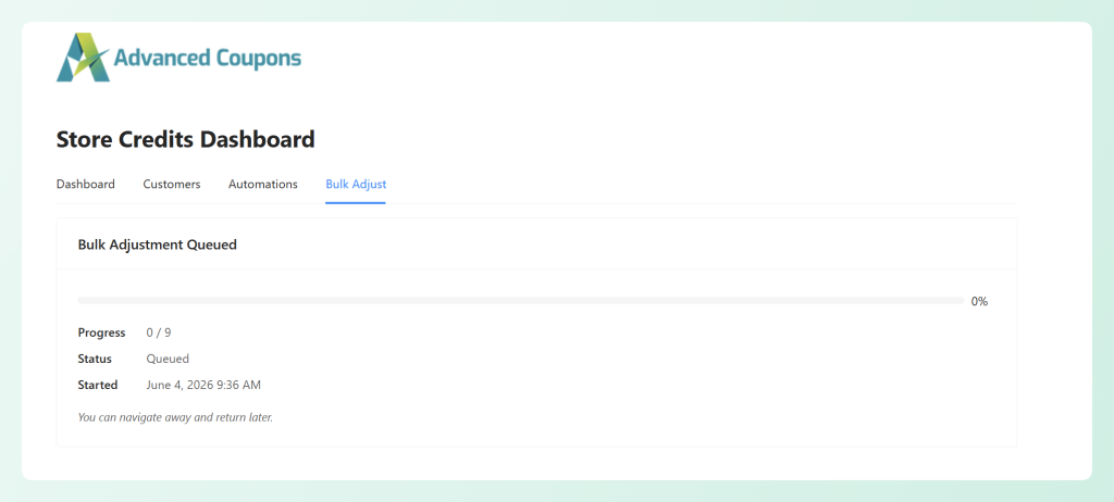 Bulk Adjustment Queued screen with progress bar at 0 percent