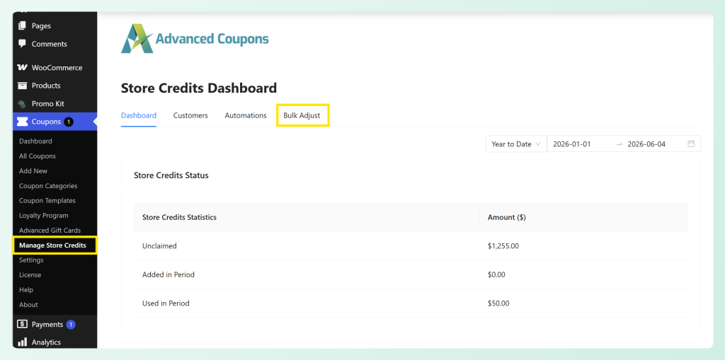 Advanced Coupons Store Credits Dashboard with Bulk Adjust tab selected