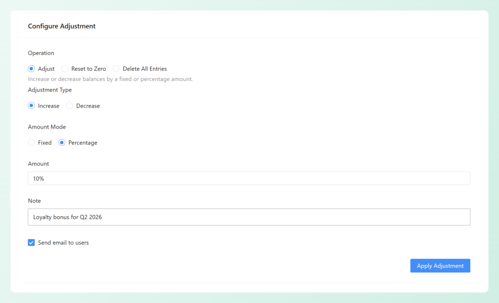 Bulk store credit adjustment settings with 10% increase selected