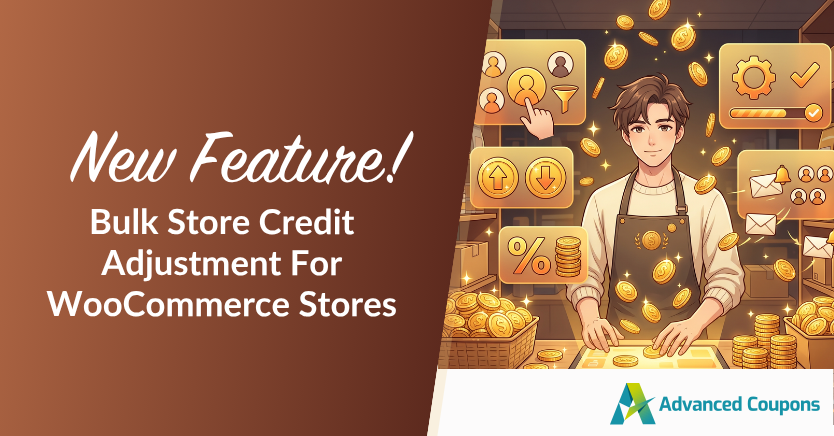 Promotional banner for a new feature: Bulk Store Credit Adjustment for WooCommerce Stores; illustrated shopkeeper with coins and floating icons; Advanced Coupons logo.