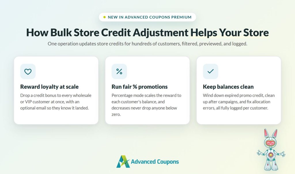 Advanced Coupons graphic showing three benefits of bulk store credit adjustment