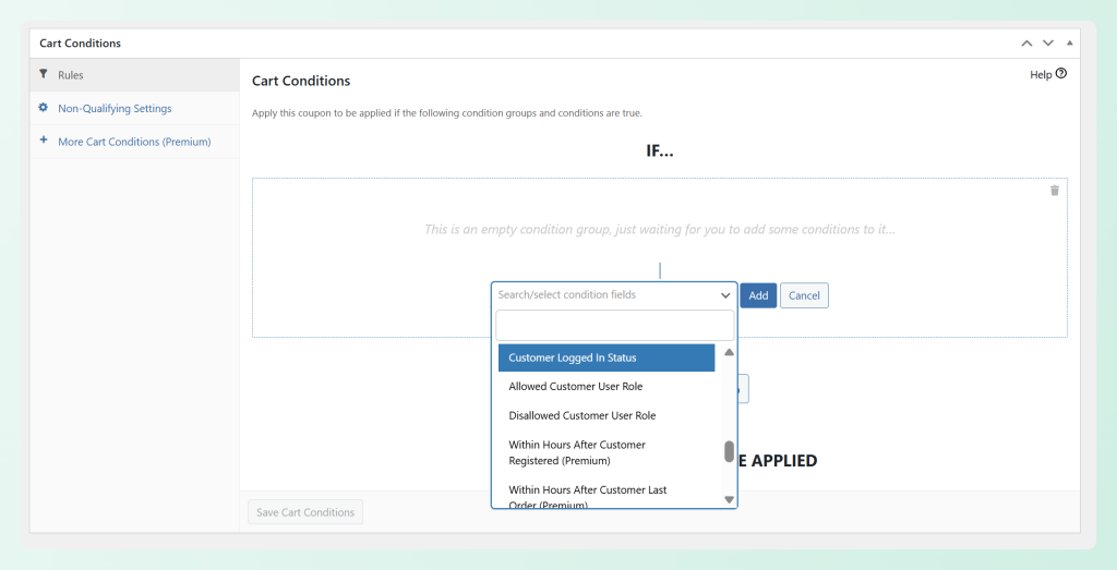 Advanced Coupons cart conditions panel with customer login status and user role options