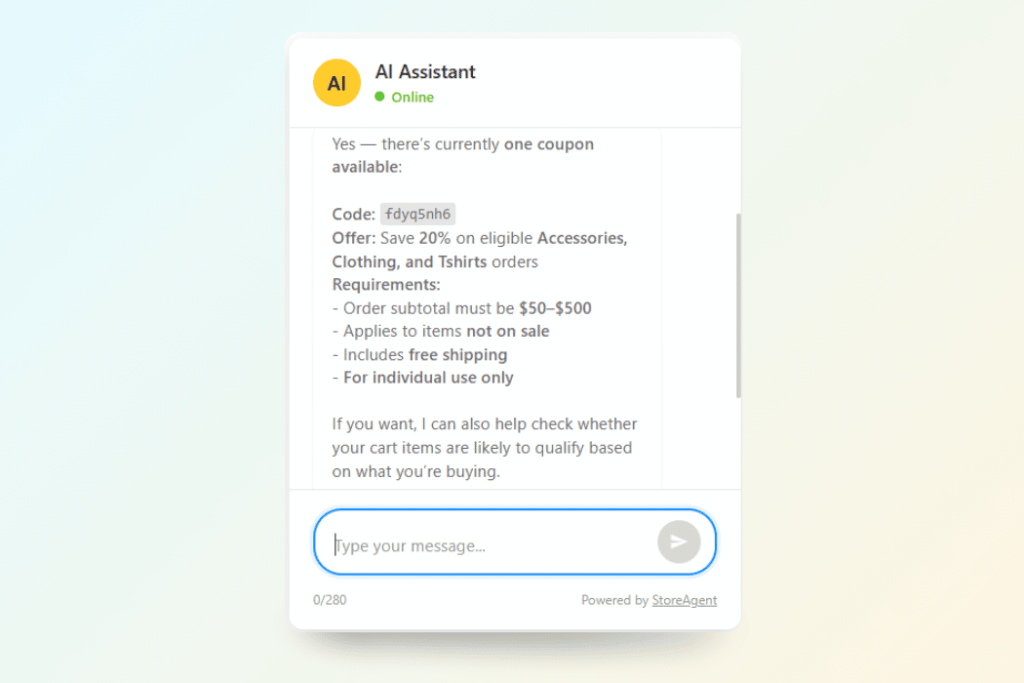 AI chat widget showing an available coupon code and offer details